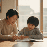 초등 아이가 집 책상에서 부모와 함께 문제집을 보며 공부 습관을 잡는 모습
