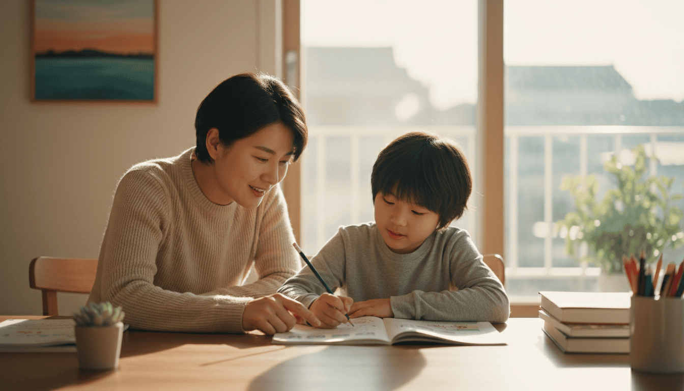 초등 아이가 집 책상에서 부모와 함께 문제집을 보며 공부 습관을 잡는 모습