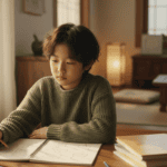집 책상에서 공책을 보며 생각하는 초등학생 아이