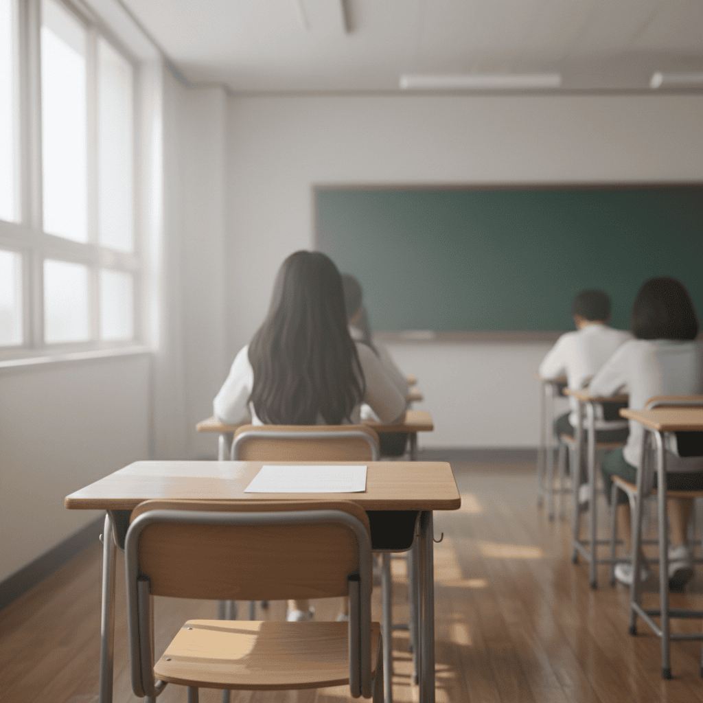 아침 햇살이 드는 교실의 비어 있는 학생 책상 — 무단결석 학부모 대처 가이드